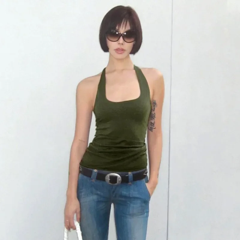 Tirantes ajustados sexys, ropa de calle atrevida, Y2k, moda informal, cuello en U, camiseta sin mangas para mujer, color sólido de verano, nueva camiseta Y2k