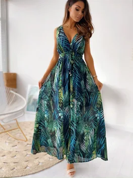 Women Tie-Up Backless Party Beach Dress Sexy V Neck Boho Long Dresses Summer Elegant Print Sleeveless Lady Maxi Dress Vestidos 1