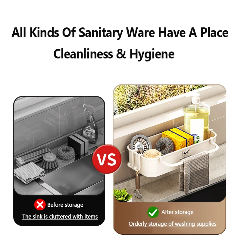 2 Pcs Sponge Holder Kitchen Sink Caddy With Hooks, Dish Sponge Organizer With Divider, Dish Soap Dispenser Brush Holder Storage