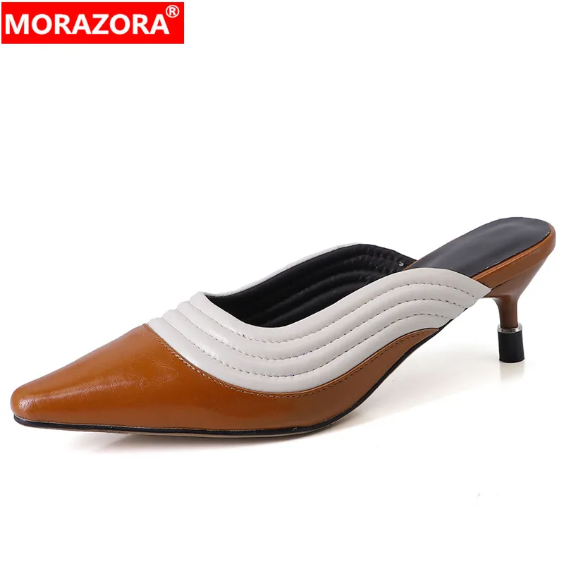 

MORAZORA New Mixed Colors Genuine Leather Mules Slippers Ladies Pointed Toe Casual Shoes Thin Med Heels Women Slippers 2024