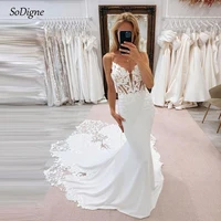 SoDigne Mermaid Satin Wedding Dresses V-neck Spaghetti Straps Lace Appliques Bridal Dress Long 2025 Bride Gown Customized 1