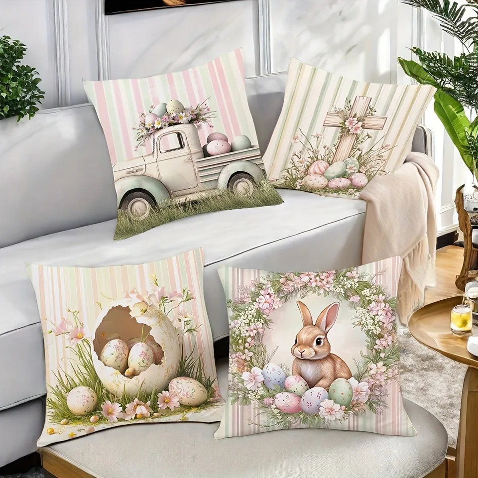 Federe Cuscino Decorative 45x45 Cm – Set Da 4 Con Uova Di Pasqua E Conigli – Rosa – Per Divano, Letto E Sedia – Lavabili