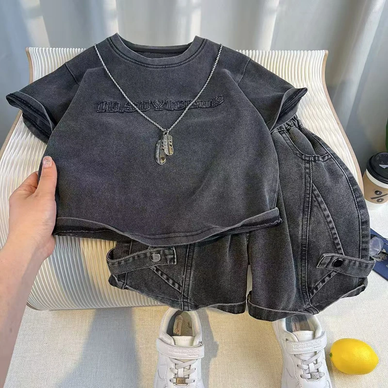 Toddler Boys 2Pcs Summer Outfits Letter Short Sleeve T-Shirt Washed Denim Shorts Set Kids Boys Casual Streetwear Clothes 2-6Year 6