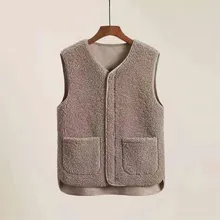 2021 Autumn  Winter Women's Vest Lamb Wool Korean Version Versatile Imitation Fur One Short Girls' Vest Zipper Coat Casual Khaki