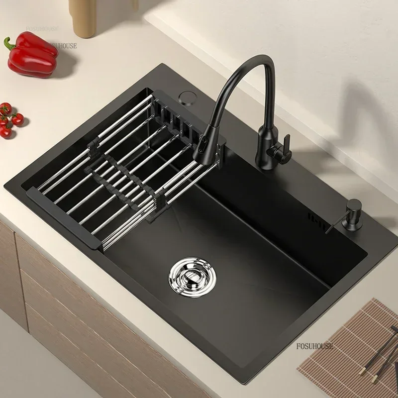 Stainless Steel Kitchen Sinks Nano Black Large Single Trough Above Counter Basin Kitchen Vegetable Washing Sink 304 Wash Basin