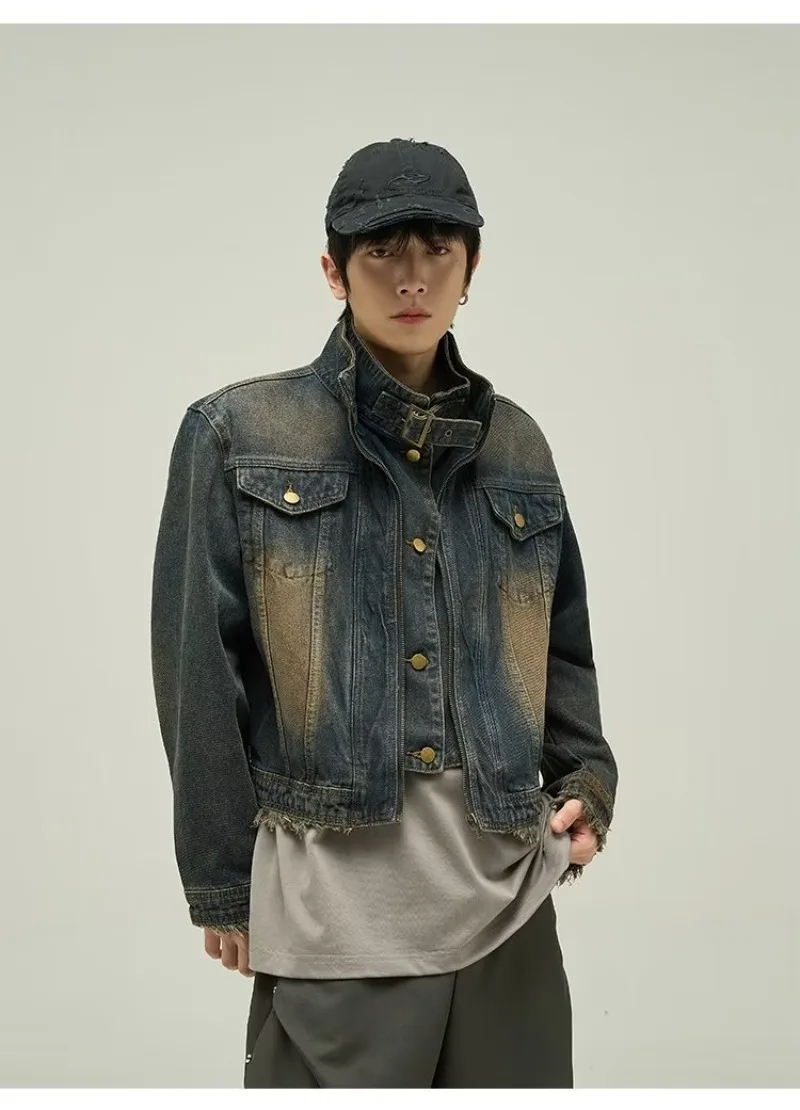 Mens Denim Jacket American Vintage Fake Two Pieces Design