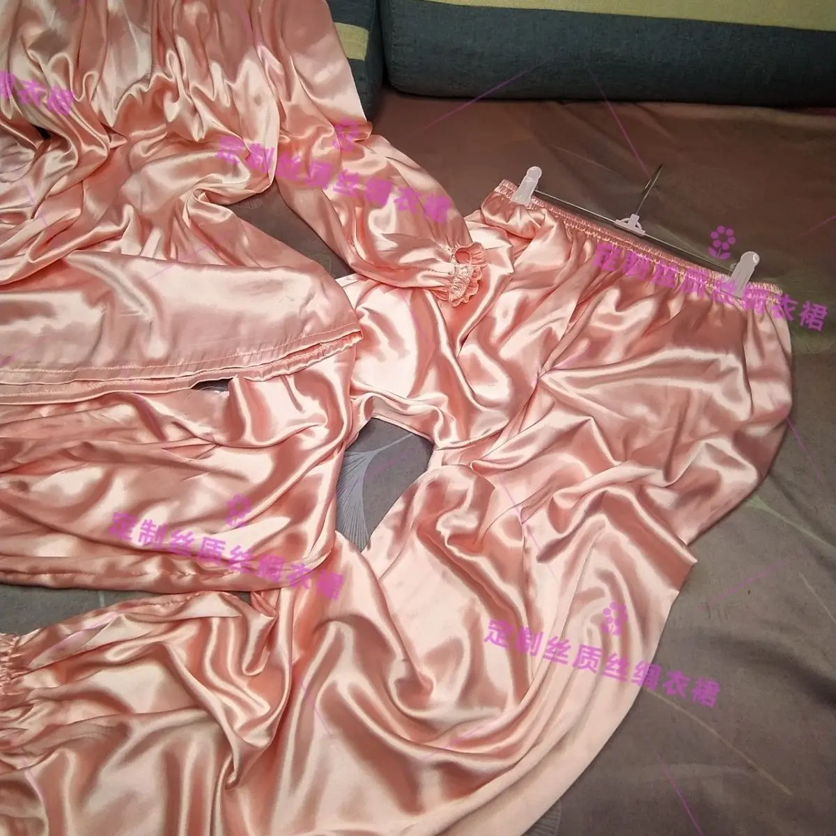 Glossy satin two-piece set pajamas Women long sleeve silk loose sleeping plus size top pants