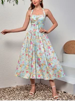 NewAsia Women's Halter Backless Print Floral Midi Corset Dress Spaghetti Straps Tie Up Fashion Casual Holiday Long Dresses Pink - Image 5