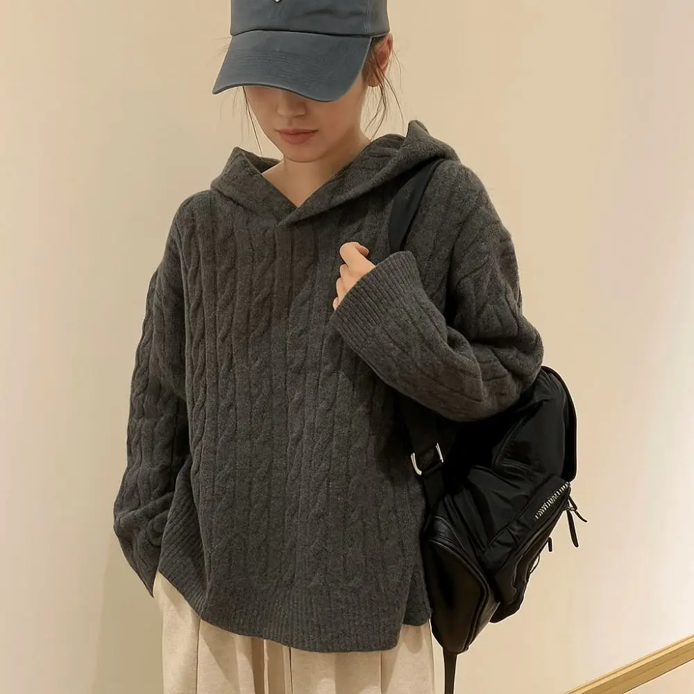 Spring Autumn Long Sleeve Knitted Hoodies Pullover Casual Hooded Sweatshirts Loose Simple Hooded Knitted Sweater School Student