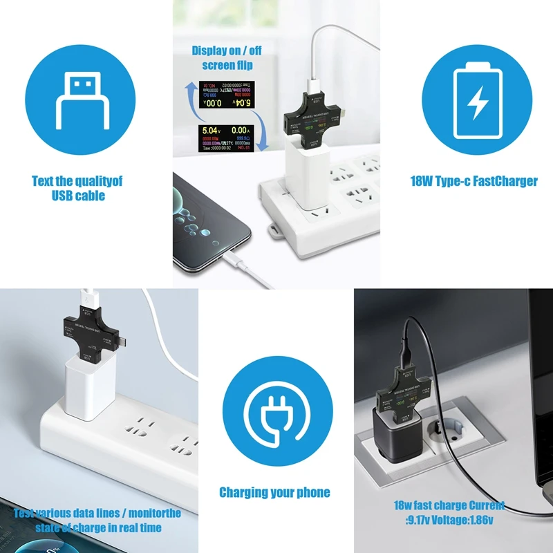 USB C Tester 2 In 1 Type C USB Tester Color Screen IPS Digital Multimeter Voltage Current Power Resistance Temperature With Clip digital multimeter