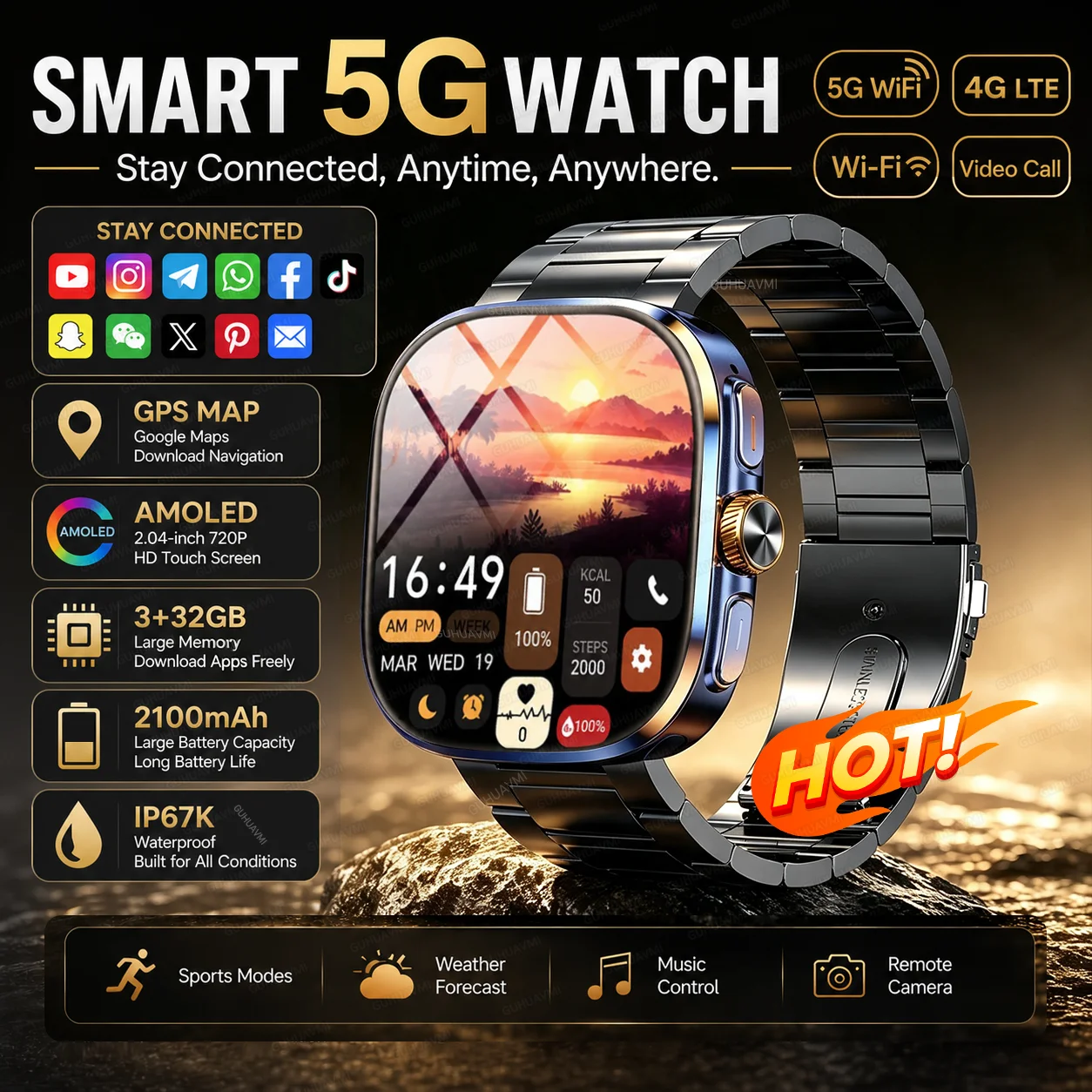 Nuovo Smartwatch Originale 5G con Chiamate, 4G WiFi, Memoria 32GB, App Social, GPS, Schermo AMOLED HD, Batteria 2100mAh, per Sport e Business