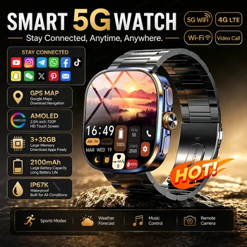 Nuovo Smartwatch Originale 5G con Chiamate, 4G WiFi, Memoria 32GB, App Social, GPS, Schermo AMOLED HD, Batteria 2100mAh, per Sport e Business