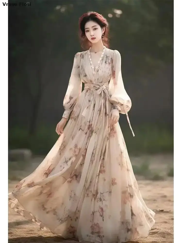 

Vintage Sexy Dress Fragmented Flowers Long Sleeves Autumn Spring 2024 Chiffon French Bohemian Luxury Long Women Dress Bodycon