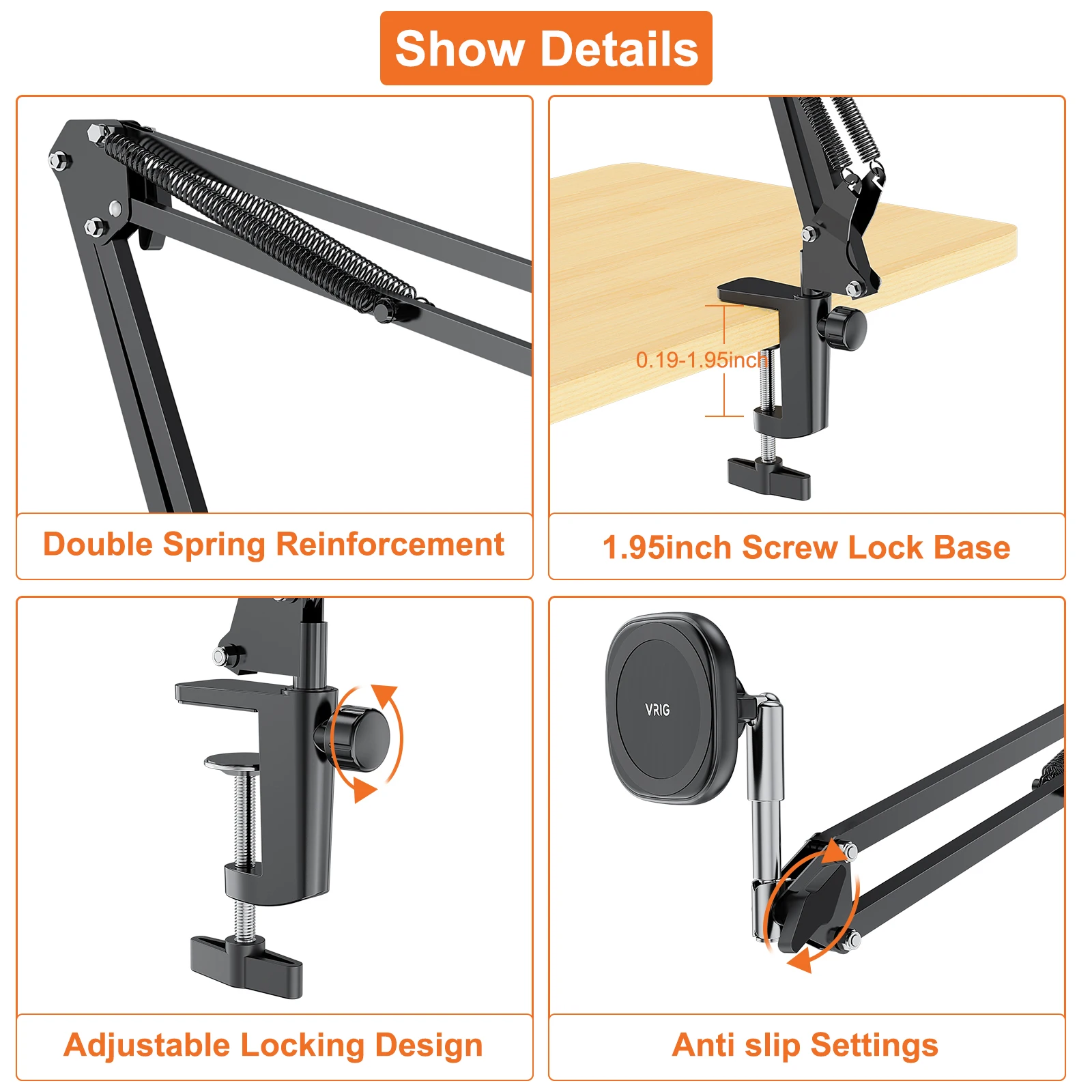 VRIG MG-09 Desktop Overhead Magnetic Phone Mount Stand Flexible Clip-on Tabletop Phone Stand for iPhone 15/14/13/12 Vlog Live