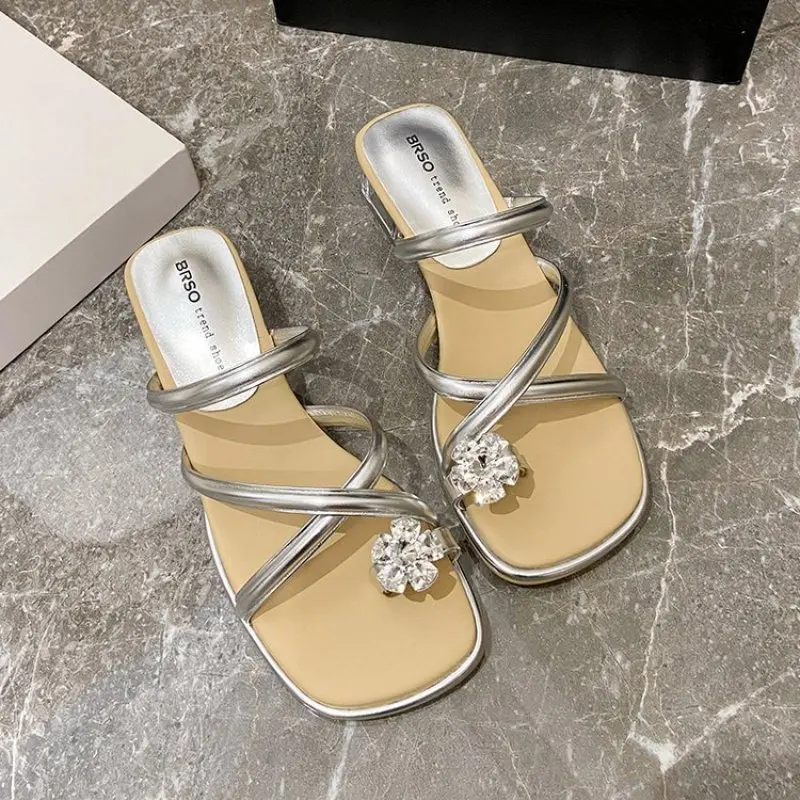 High Heeled Sandals Square Head Rhinestone Transparent Thick Heel Crisscross Zone Outdoors Slippers Zapato De Pumps New