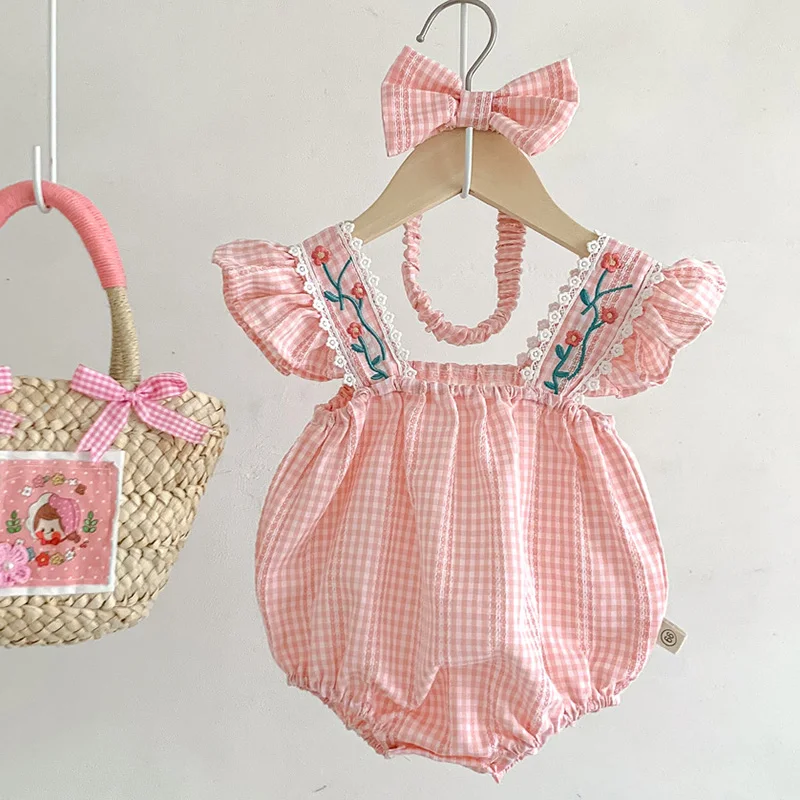 

Infant Clothes Baby Girls Jumpsuit Fly Sleeved Cotton Lattice Flower Embroidery Toddler Baby Girl Bodysuits+Hair band For Summer