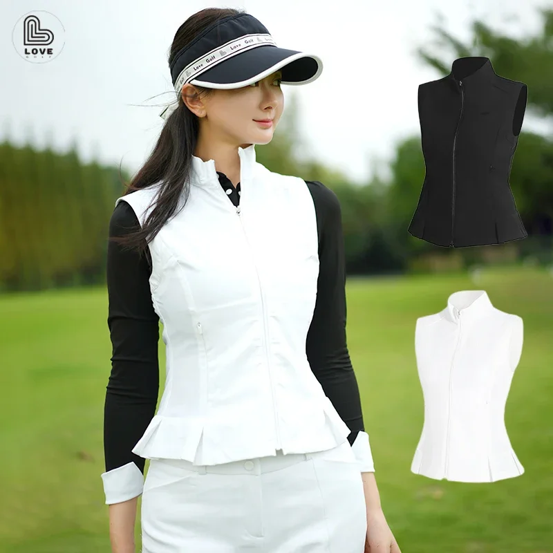 New Women's Golf Vest Ruffle Slim Waist Jackets Ladies Sleeveless Versatile Casual Jackets Warm Sports Style Waistcoat