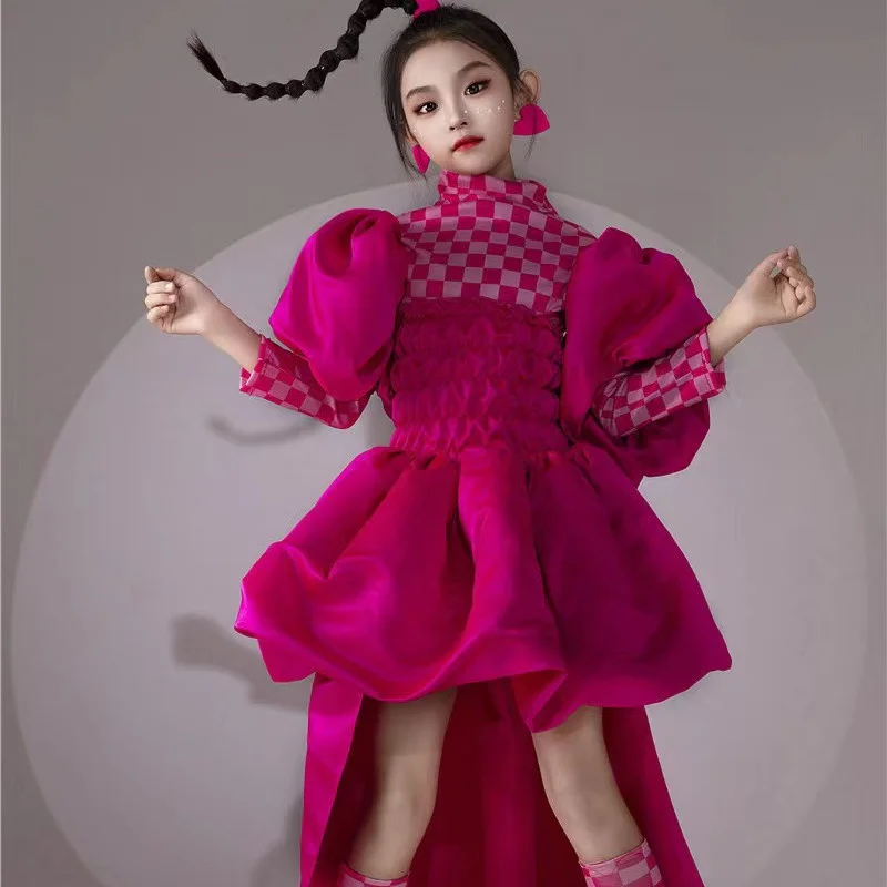 Girls Dress Fluorescent Rose Red Lantern Skirt Walk Show T Stage