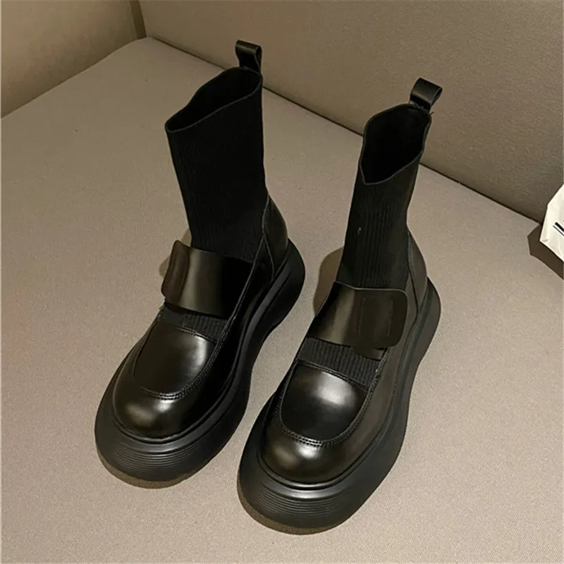 

2024 Autumn Winter New Fashion Knitted Elastic Thin Socks Boots Round Toe Thick Sole Sexy Elegant Women's Short Boots