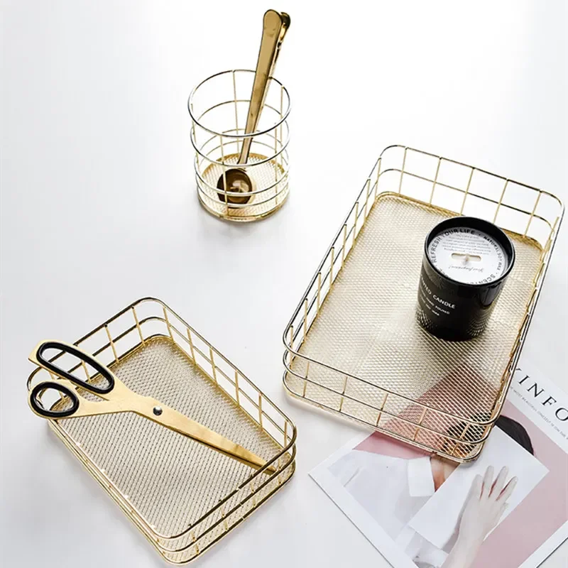 Nordic Gold Metal Iron Makeup Pen Storage Basket Office Desktop Sundries Makeup Brushes Holder Table Cosmetics Organizer Rack 2