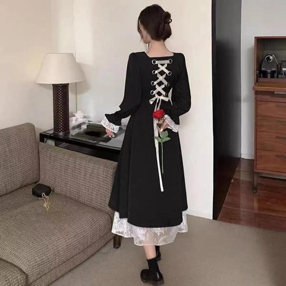 Fashion Slim Fit Lace Princes Dress Pleated Sweet Girls Long Dress A-line Ballet Style Puff Long Sleeved Dress Streetwear