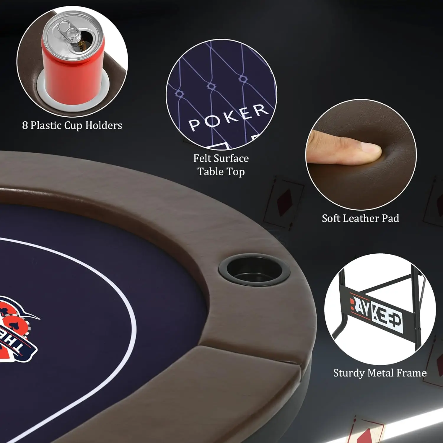 Foldable 8-Player Poker Table with Padded Rails, Casino Felt, Cup Holders for Texas Holdem