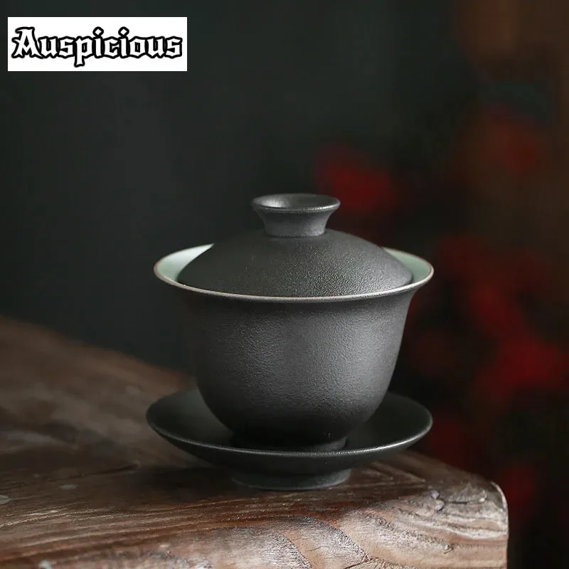 150ml Retro Black Pottery Sancai Gaiwan Ceramic Tea Cup Tea Tureen Household Kung Fu Set Ceremony Drinkware Customized