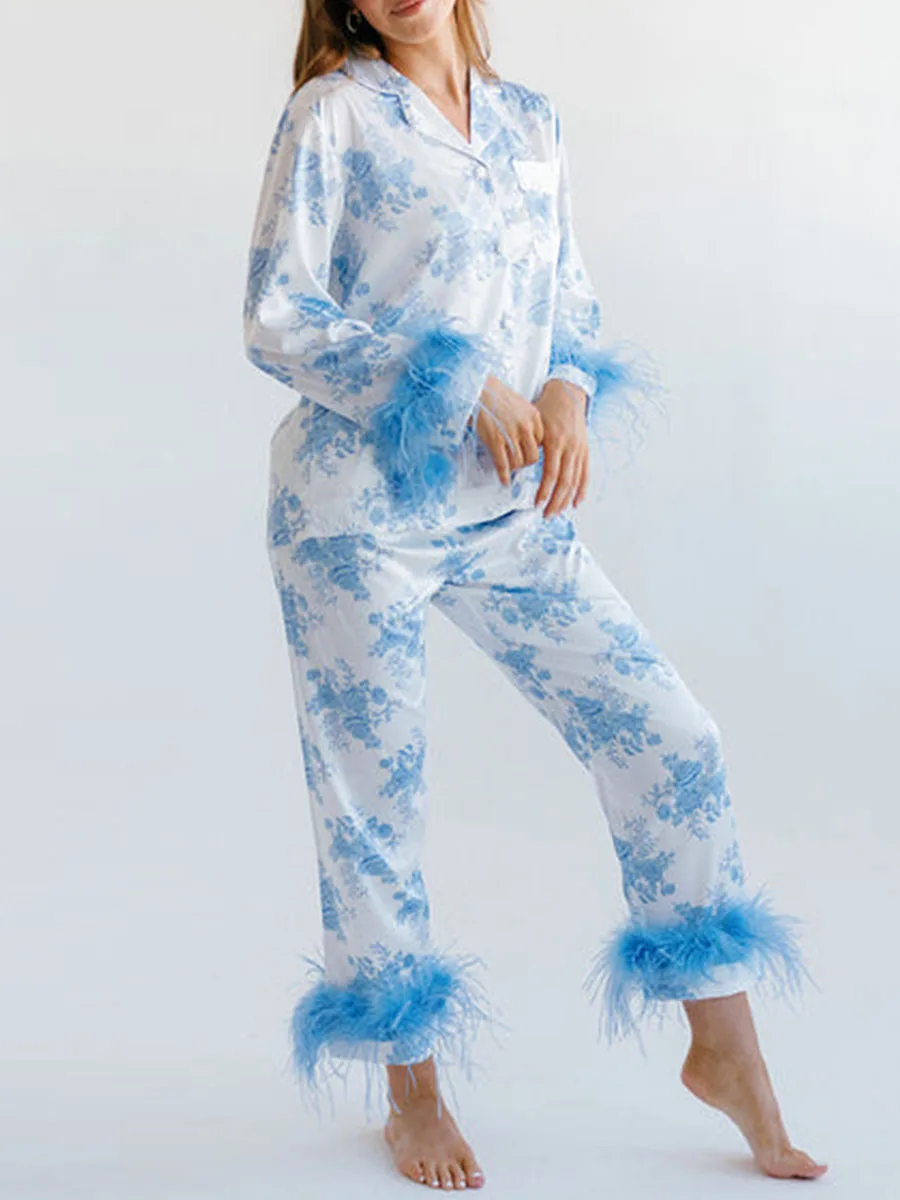 

Women Pajama Set, Flower Print Furry Patchwork Long Sleeve Button-down Tops with Pants Sets Sleepwear Loungewear