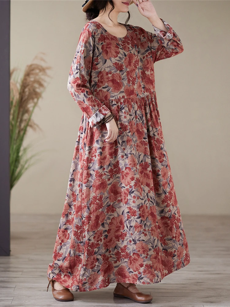 2025 Spring Autumn Cotton Vintage Print Dresses For Women Casual Loose Long Sleeve Dress Femme Robe Vestidos Fashion Clothing