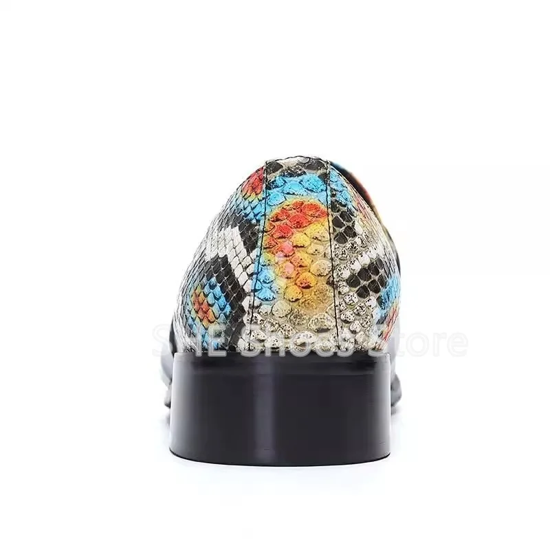 Fashion Print Mixed Color Loafers for Men British Style Metal Square Toe Chunky Heel Slip-On Shallow Oxfords Male Dress Shoes