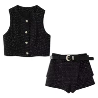 HXAO 2024 Woman Short Sets Fashion Woman 2024 Tweed Vest Short Shorts Suits Elegant Female Sets Short Sets Two Pieces Set - Image 2