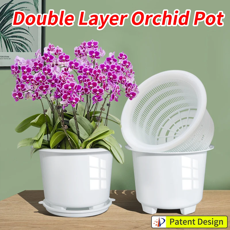 Vaso Per Orchidee In Plastica 15 Cm Doppio Strato Con Fori - Trasparente E Imitazione Ceramica