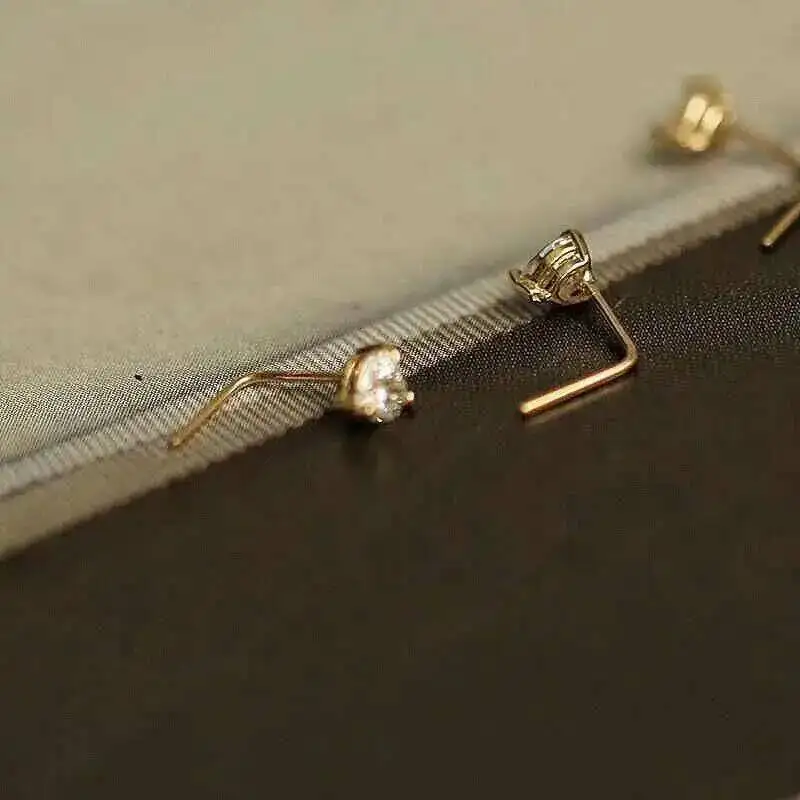 14K Yellow Gold L Shape Stud, Nose, Heart, Star, Round Zircon, Piercing Jewelry for Women, Men, kj465 nose piercings