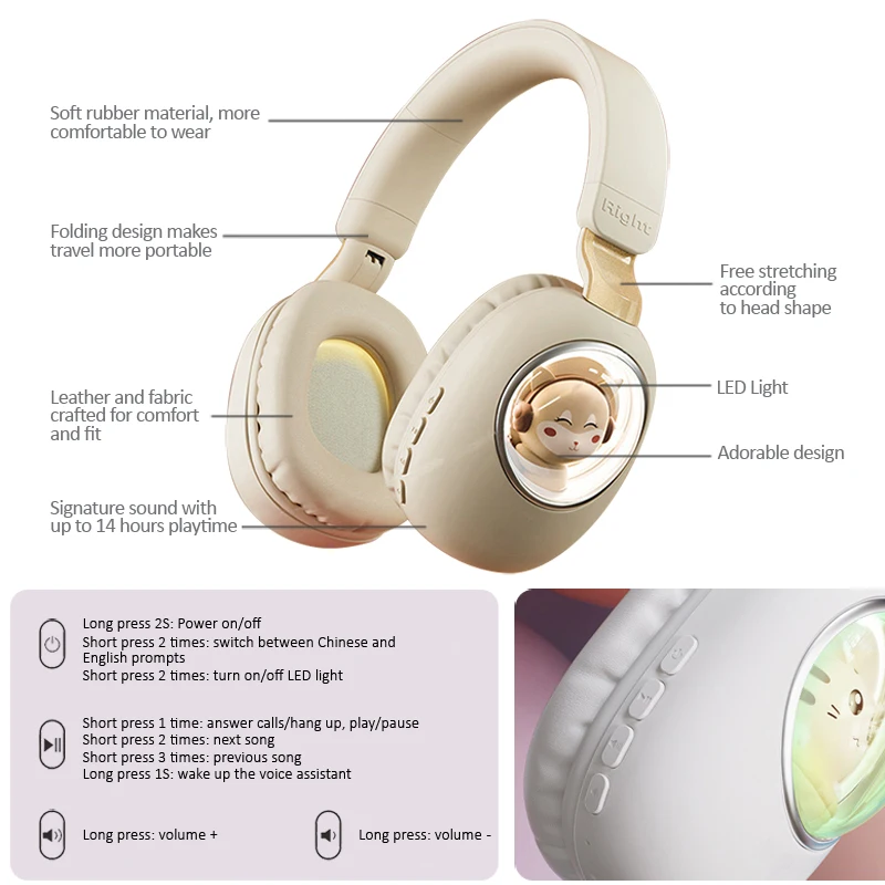 Headset Hewan Peliharaan Lucu, Bluetooth Nirkabel LED Headphone