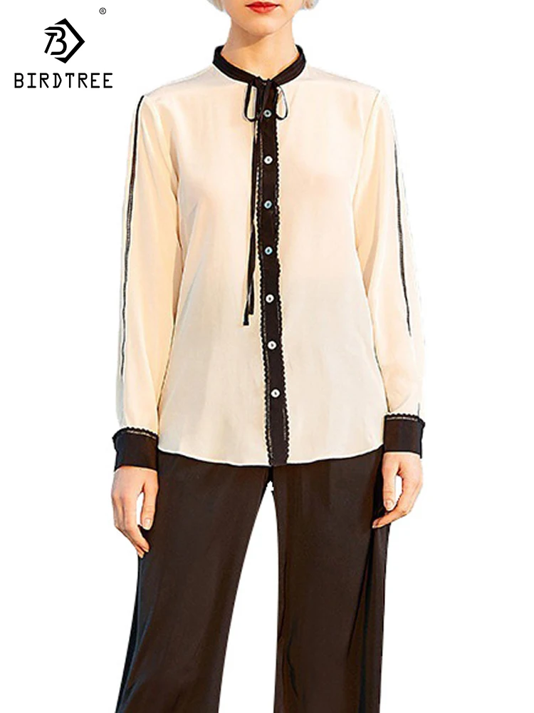 

Birdtree 100%Real Silk Elegant Basic Shirt Women's Bow Collar Solid Long Sleeve OL Commuter Blouses Spring Autumn New T3D638QC