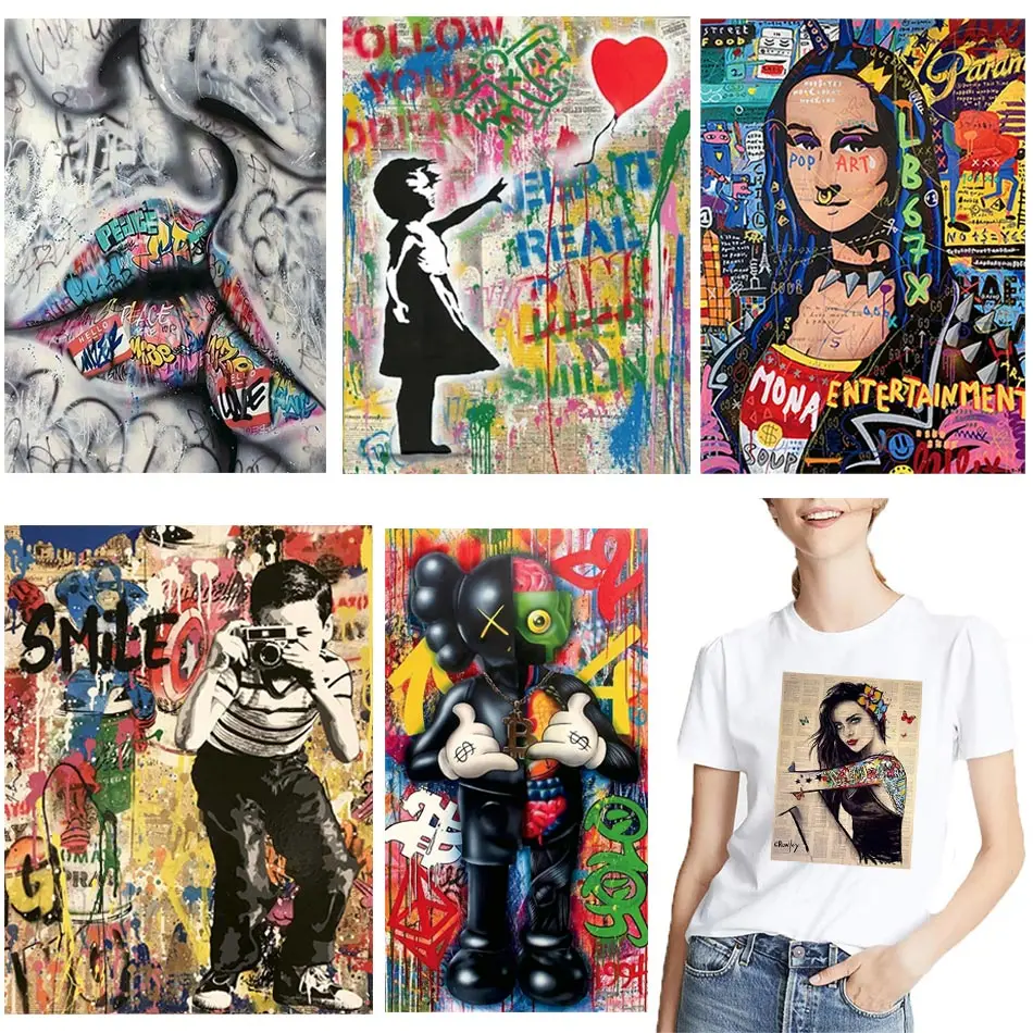 Graffiti divertido para planchar en la ropa, pegatina de calor de niveles A DIY en camisetas, sudaderas con capucha, parches de imágenes exquisitas en la ropa