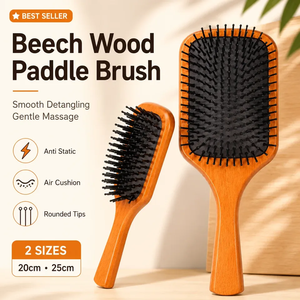 Premium Wooden Paddle Brush with Rubber Cushion – Gentle Scalp Massage & Frizz Control for All Hair Types，Perfect for Women &Men