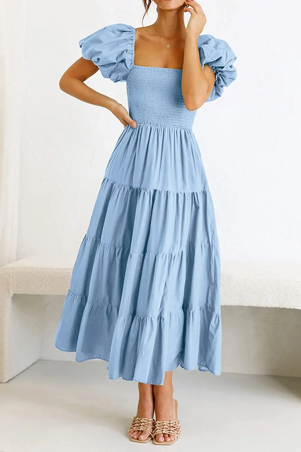 thumbnail image 2 of Women's Tiered Ruffle Maxi Dress - Puffy Short Sleeve Square Neck Beach Dress 2 of 10