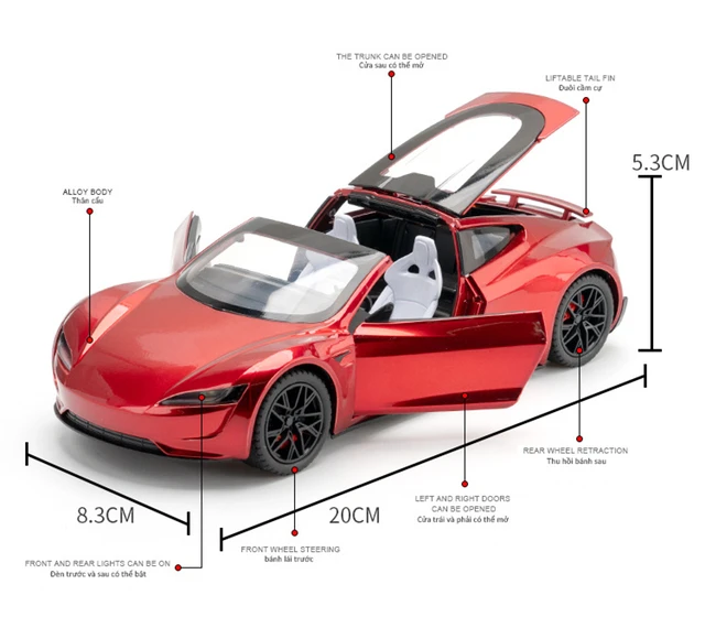 Modèle Réduit Tesla Roadster 1:24 - Voiture Miniature En Alliage Métal - Portes, Capot Et Coffre Ouvrants - Collection Ou Décoration