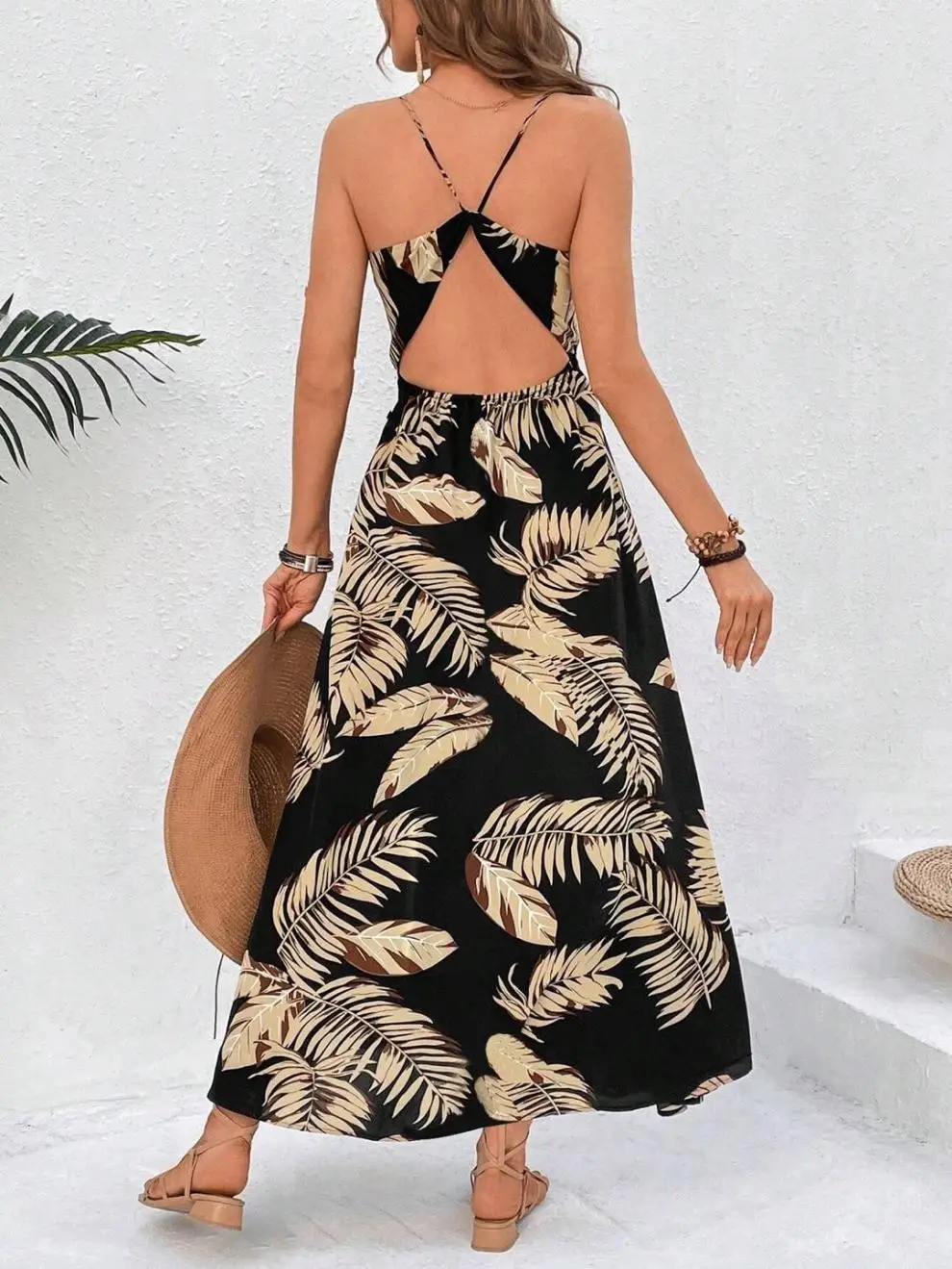Fashion Flower Print Spaghetti Strap Dresses Women Sexy V-neck Backless Slit Long Dress Bohemian Style Vacation Beach Vestidos