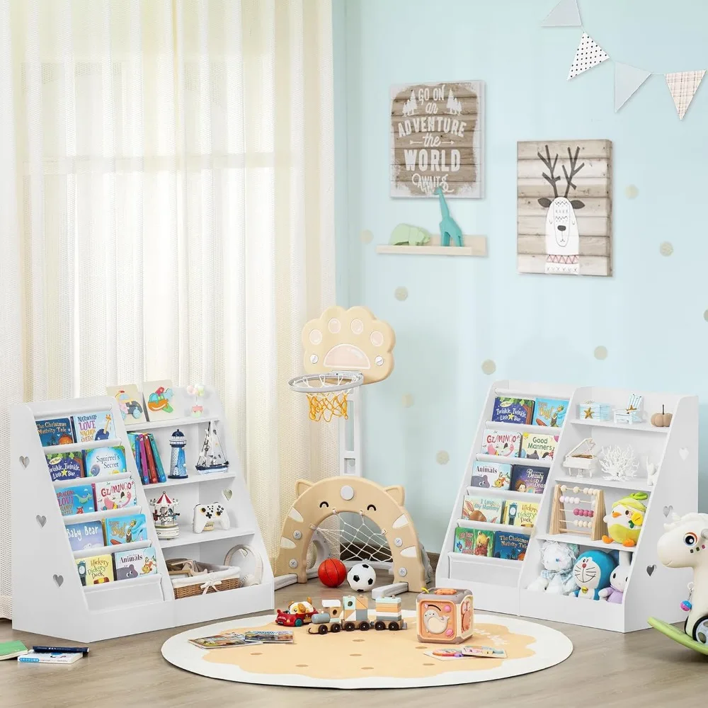 4 Tier Kids Bookshelf and Storage Organizer, Five Layer Sling Children Bookcase, Baby Toddler Wooden Book Shelf
