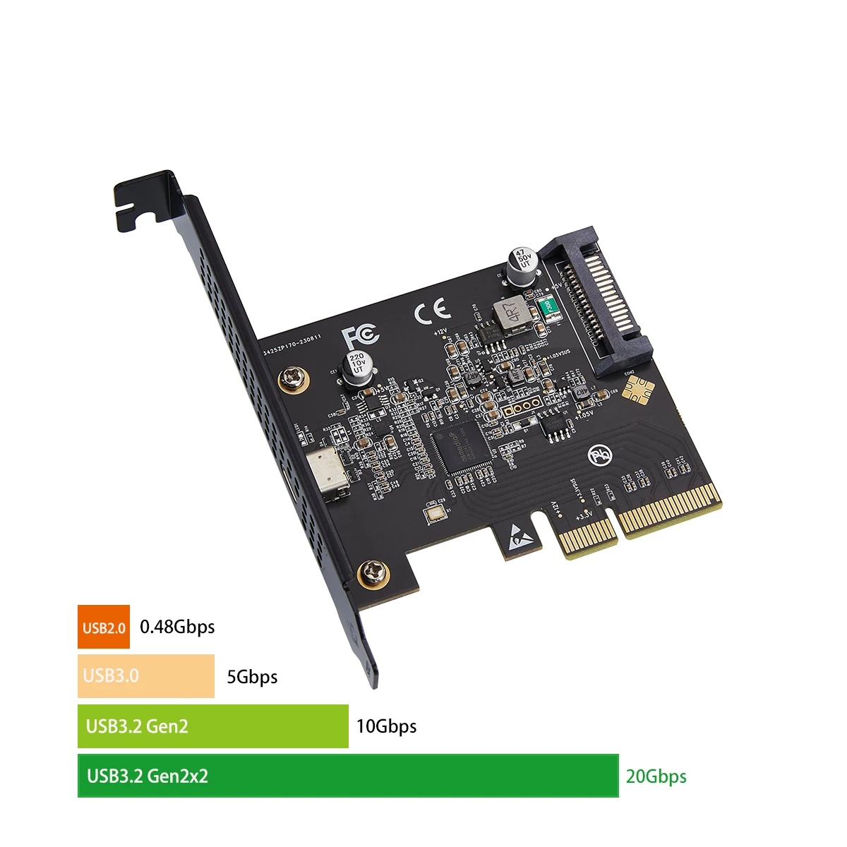 Carte Contrôleur USB 3.2 PCIe X16 4 Ports Type C 20Gb/s - Chipset ASM3242 - Neuf