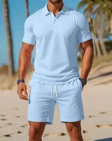 Polo boutonné à manches courtes et Short en maille respirante pour hommes, ensemble d'été décontracté et polyvalent à la mode, grande taille 1
