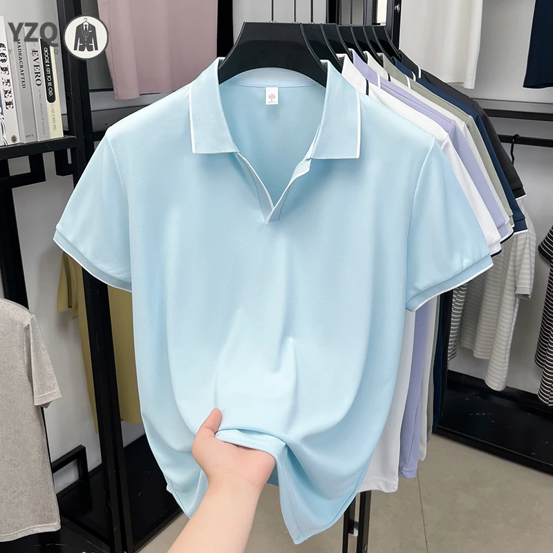 Polo da uomo business casual con risvolto, bordo rifinito, in seta ghiaccio, resistente al sudore, fresco, leggero, estivo, abbigliamento basic - immagine 3