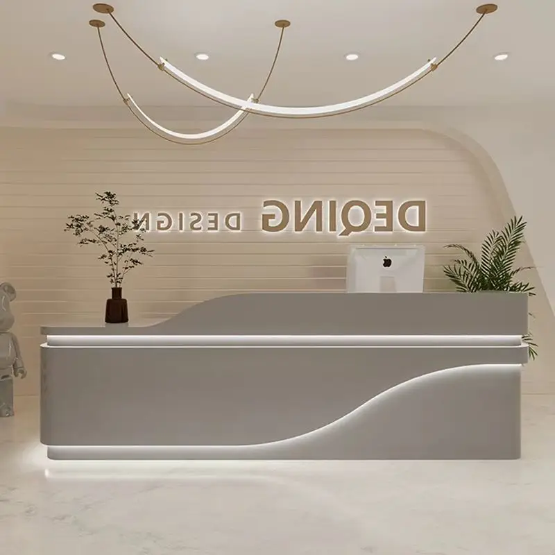 High Quality Small Modern Wood Panel Reception Desk Home Office Beauty Salon Barber Shop Featuring Pink White Front Table Bar