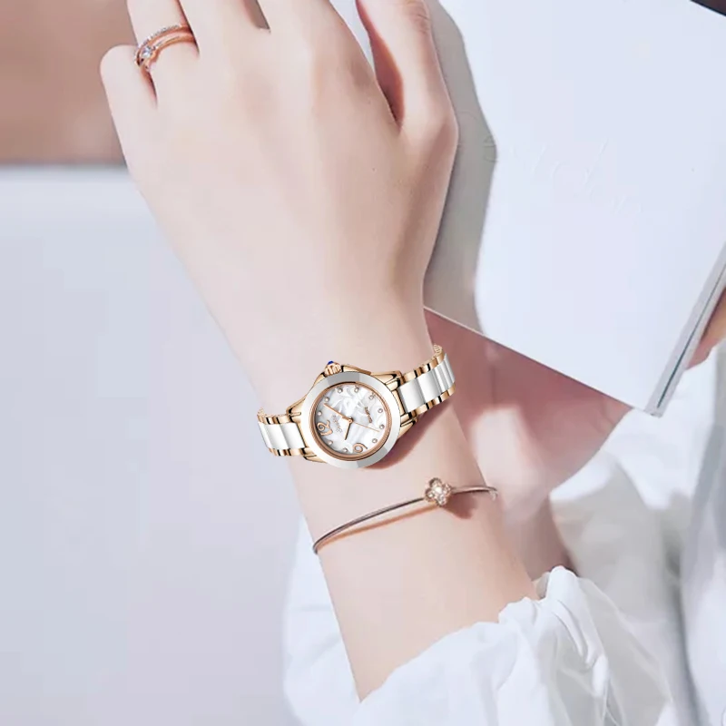 SUNKTA Ceramic Women Watch Fashion Waterproof Ladies Watches Elegant Female Bracelet Wristwatch Luxury Quartz Clock Montre Femme