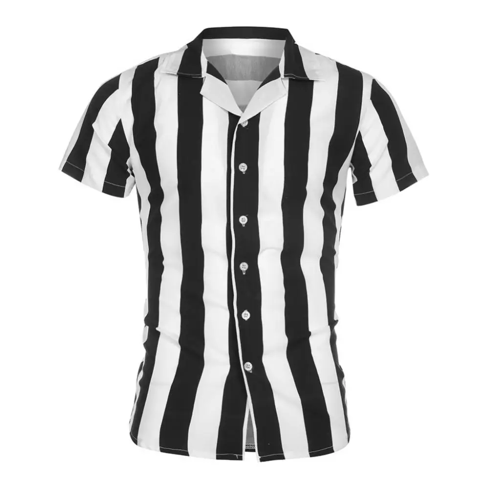 

Turn Down Collar Casual Short Sleeve Shirt Slim Men Buttons Vertical Stripes Shirt