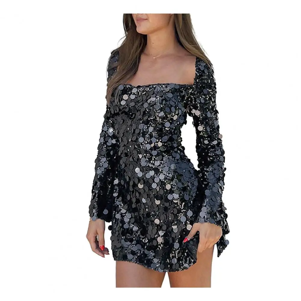 

Women Sequin A-Line Dress Long Sleeve Sequined Splicing Backless Mini Skirt Dress vestidos para mujer