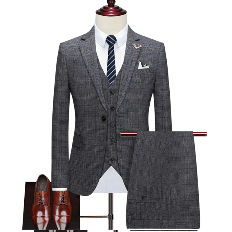 Suit Coat Vest Pants 3 Pcs Set Men's Casual Boutique Business Retro British Style Plaid Blazers Jacket Trousers Waistcoat mens suit