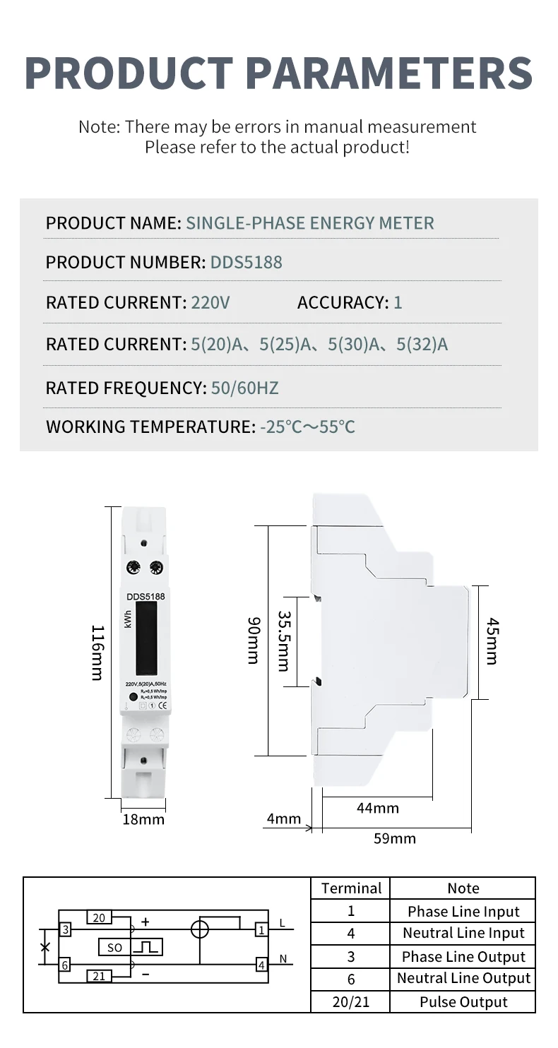 Description Picture 5 of item1PC KWH energy meter 5(32)A 20A LCD digital Power Consumption Watt meters AC220V Watt hour din rail energy meter single phase